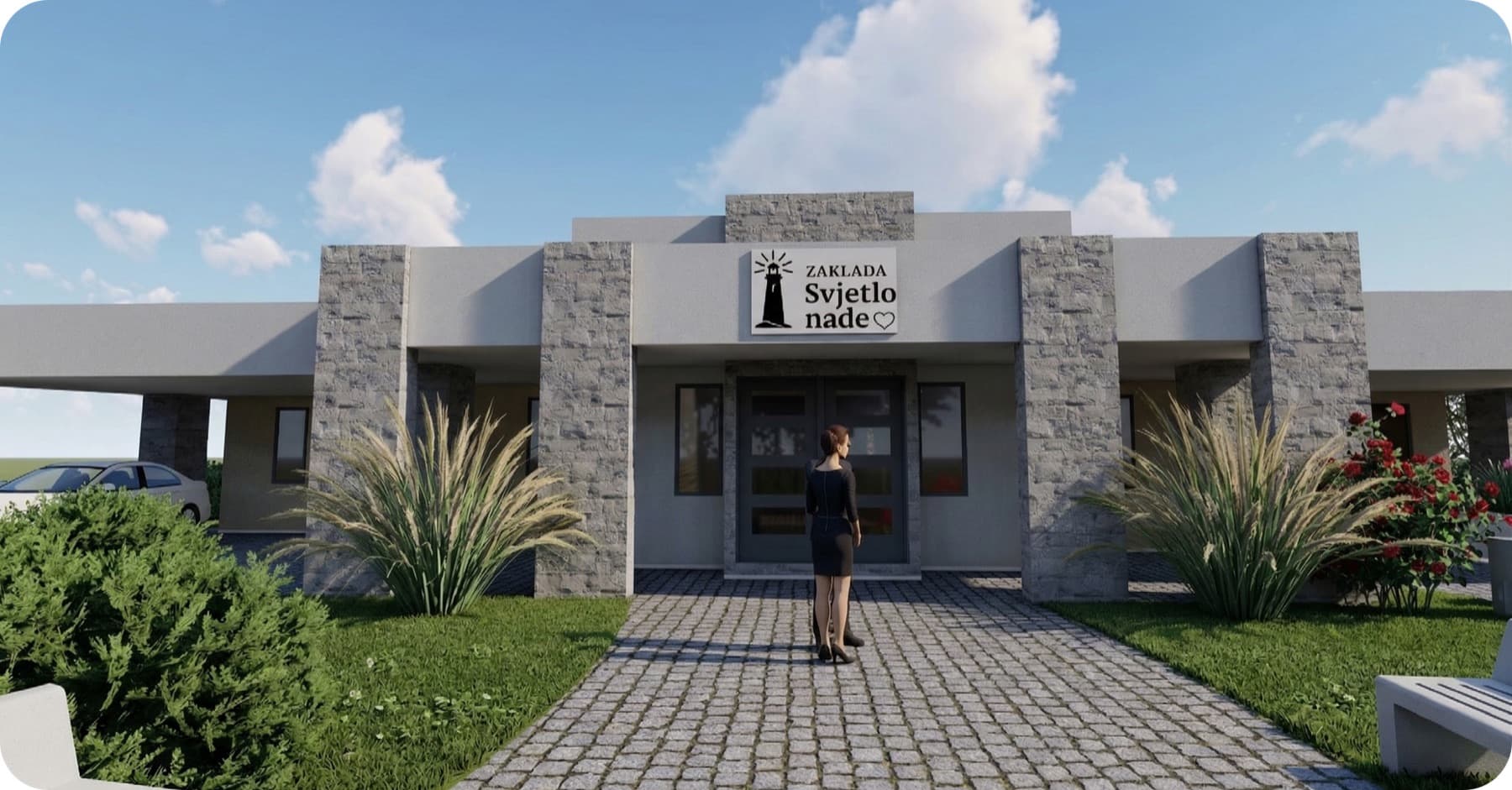 Arhitektonski prikaz ulaza u Kuću nade sa znakom Zaklade